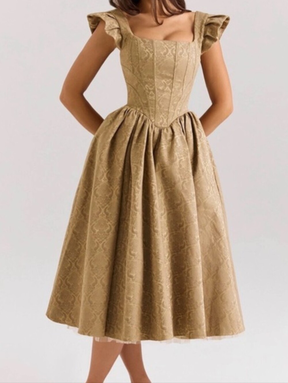 Elegant Gold Midi Dress with Corset Bodice
